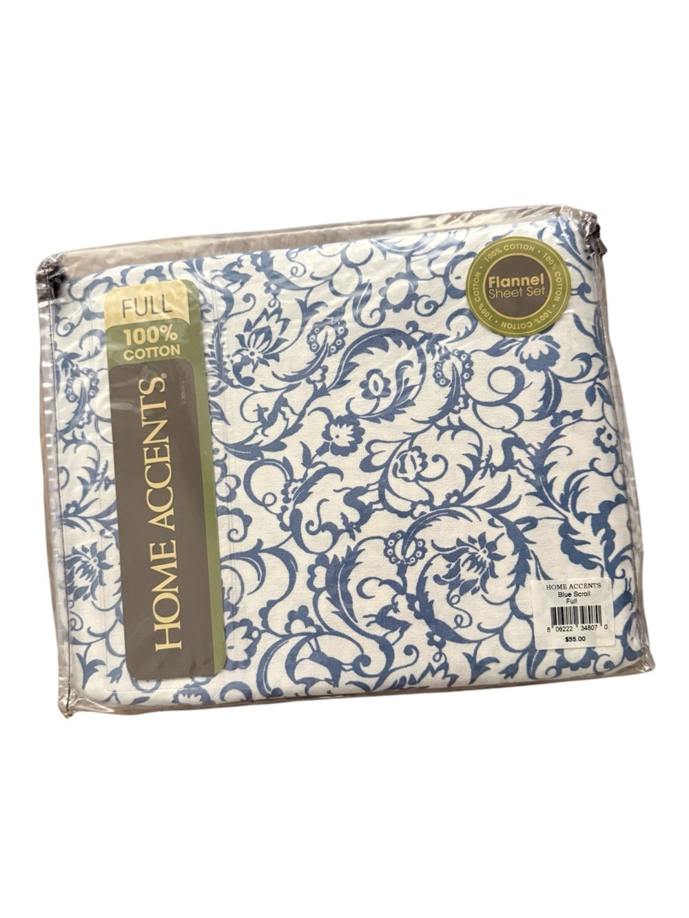 New Home Accents Flannel Full Sheet Set 100% Cotton Blue Scroll Floral Cottage